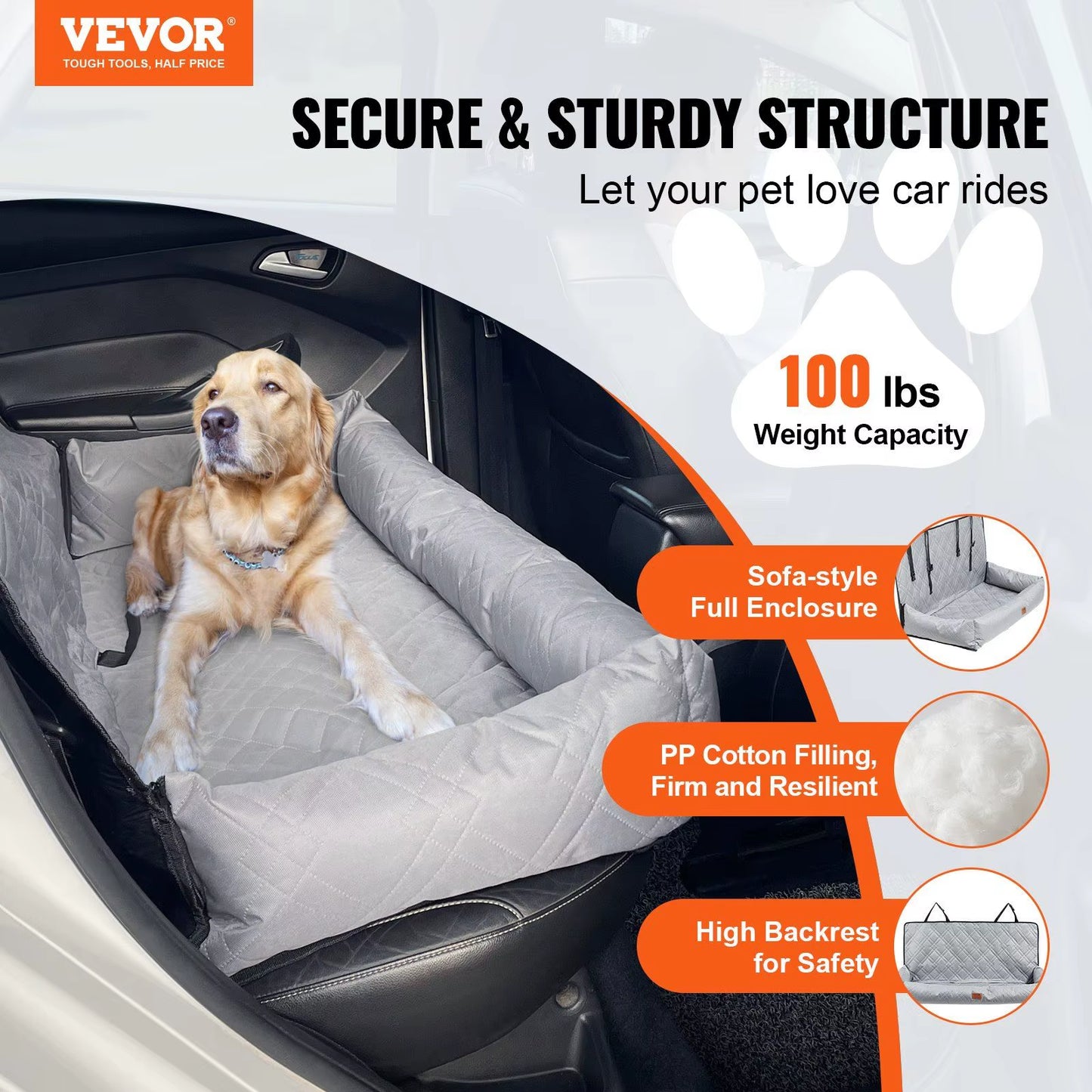 Waterproof Dog Booster Seat PP Cotton Filled Car Seat with Clip-On Safety Leash for under 100 Lbs Rear Row Pet Car Bed