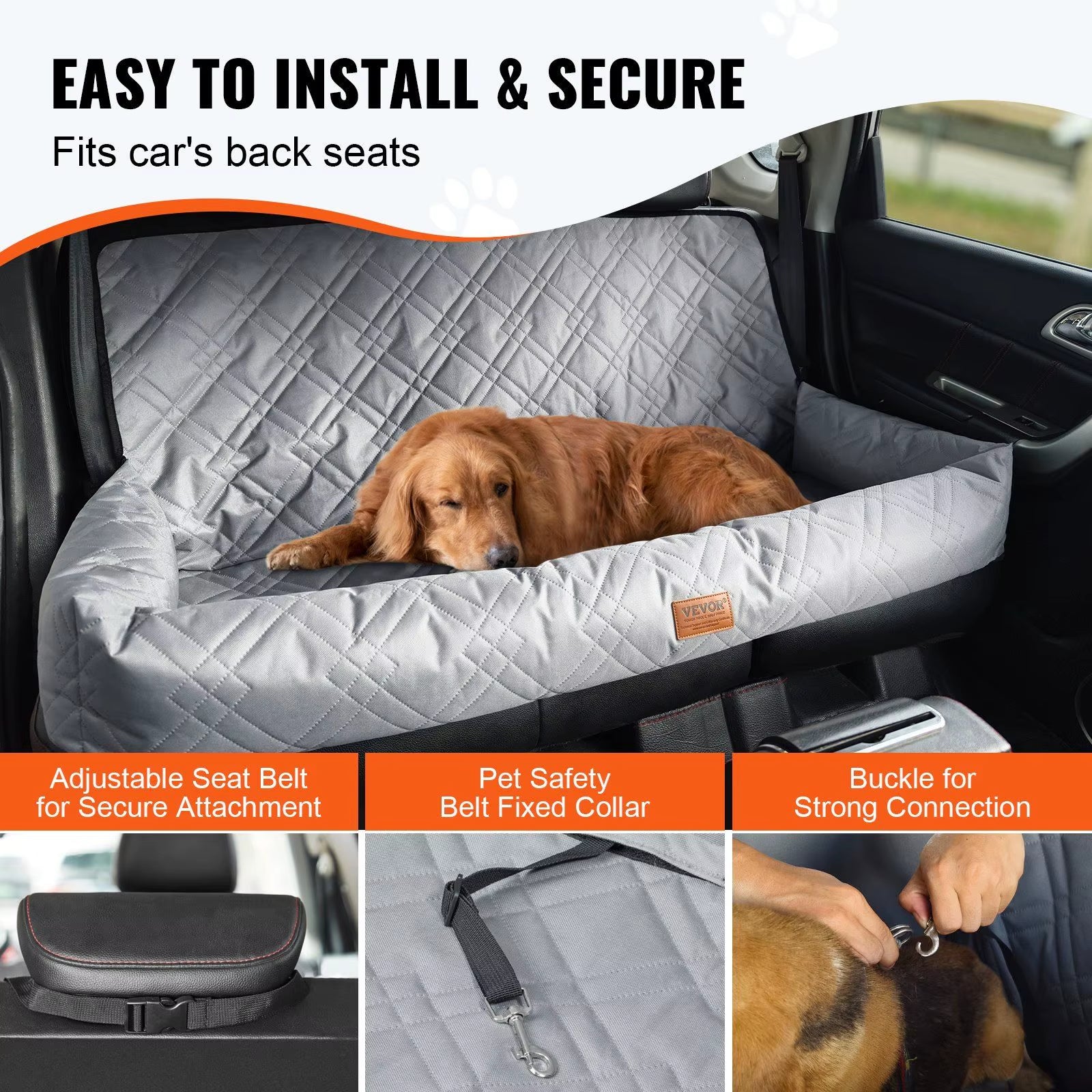 Waterproof Dog Booster Seat PP Cotton Filled Car Seat with Clip-On Safety Leash for under 100 Lbs Rear Row Pet Car Bed
