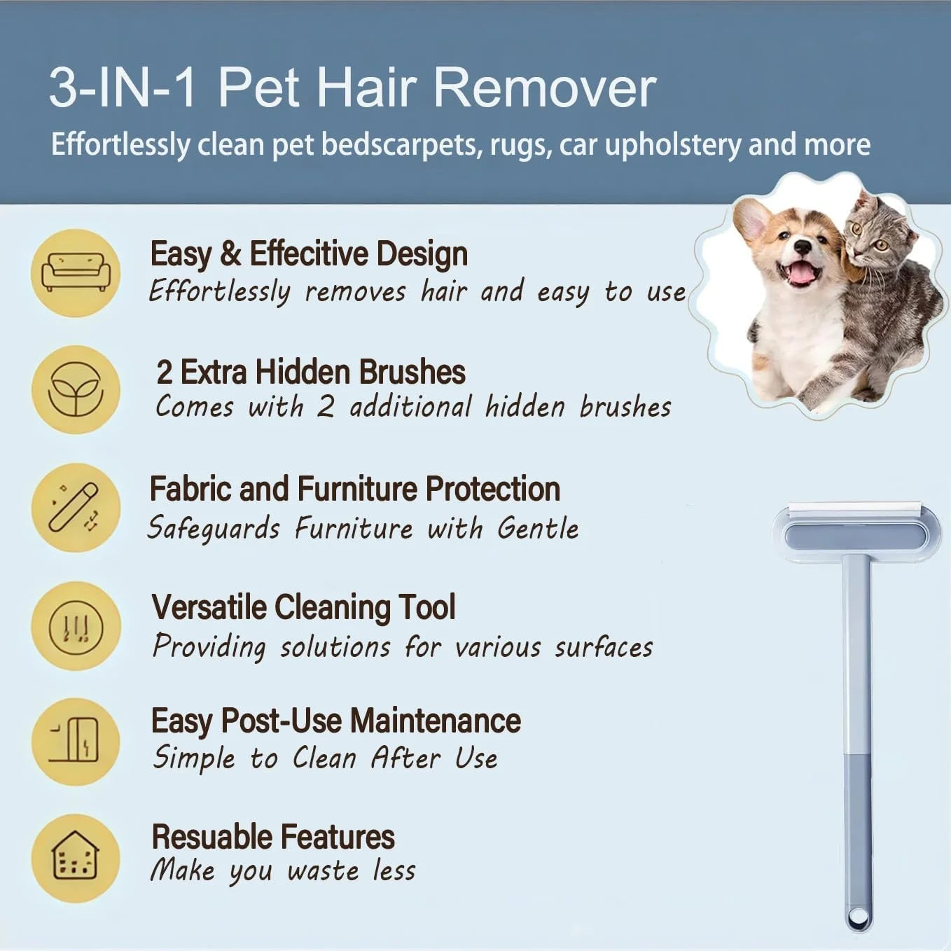 Pet Hair Removal Tool 4-In-1 Hair Removal Furniture Cat Hair Remover for Couch-Pet Hair Removal Car Clothe Furniture Carpet Bed
